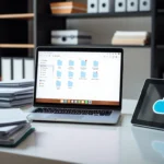 Laptop screen showing digital folder structure, tablet with cloud icon, organized paper files on desk, natural light.