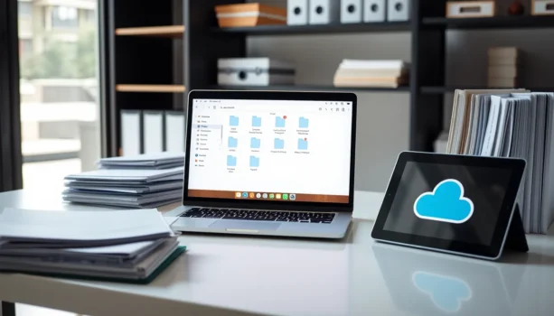 Laptop screen showing digital folder structure, tablet with cloud icon, organized paper files on desk, natural light.