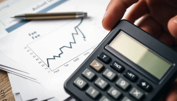 Close‑up of a hand holding a calculator beside a line chart with a fee percentage label over blurred financial documents.